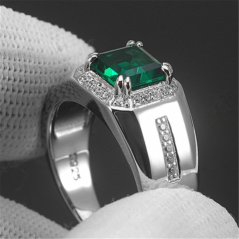 Cincin Emas Putih Fashion Pria Cincin Tunangan Batu Permata Hijau Putih