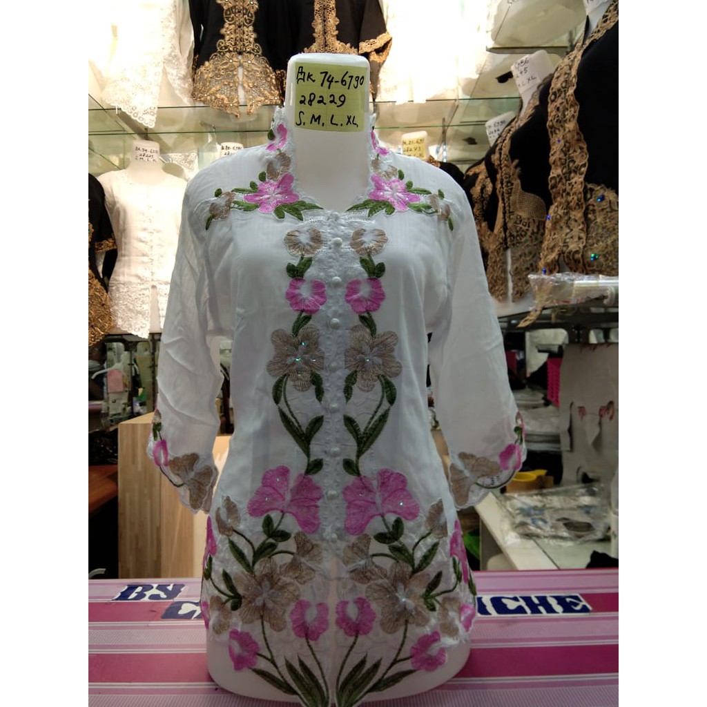 REAL PICT KEBAYA ENCIM PUTIH BORDIR WARNA / KEBAYA ENCIM PUTIH