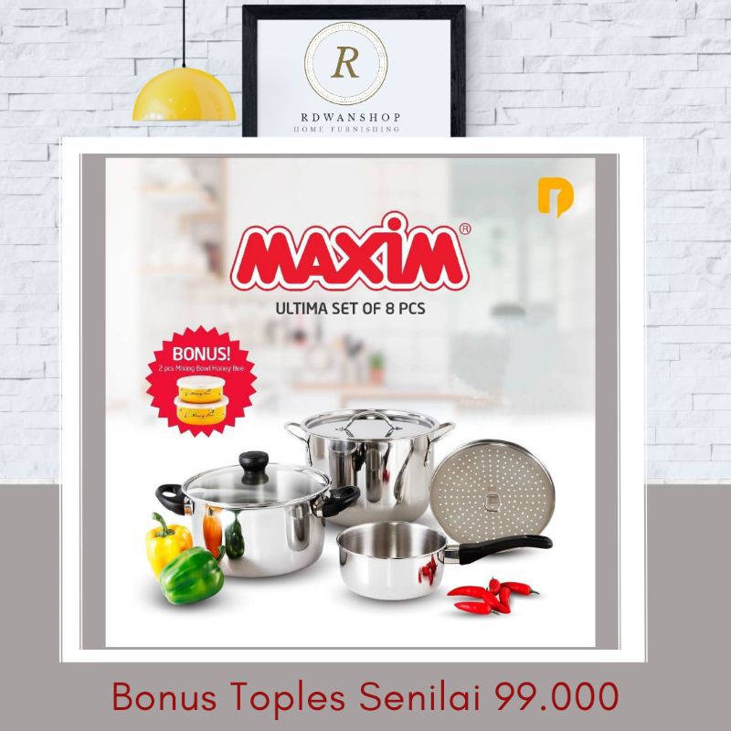 Panci 8 pcs Maxim Saucepan Dutch oven Steamer Stock Pot Stainless Steel Tahan Panas Kado Wajan