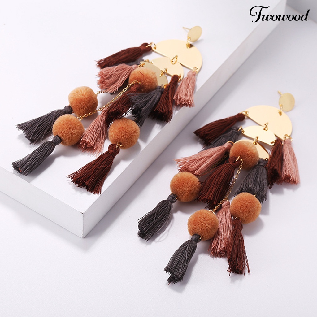 1 Pasang Anting Rumbai Multilayer Bentuk Setengah Lingkaran Tahan Jatuh Gaya Bohemian Untuk Wanita