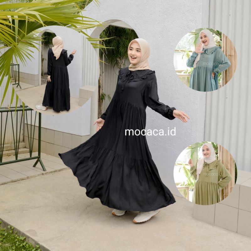 Midi Dress Kerah Renda Tali Katun Rayon Twill Premium Hitam Putih Olive Fuschia hijau kuning biru babyblye soft busui friendly babydoll polos  susun korea putih bersih broken white tulang