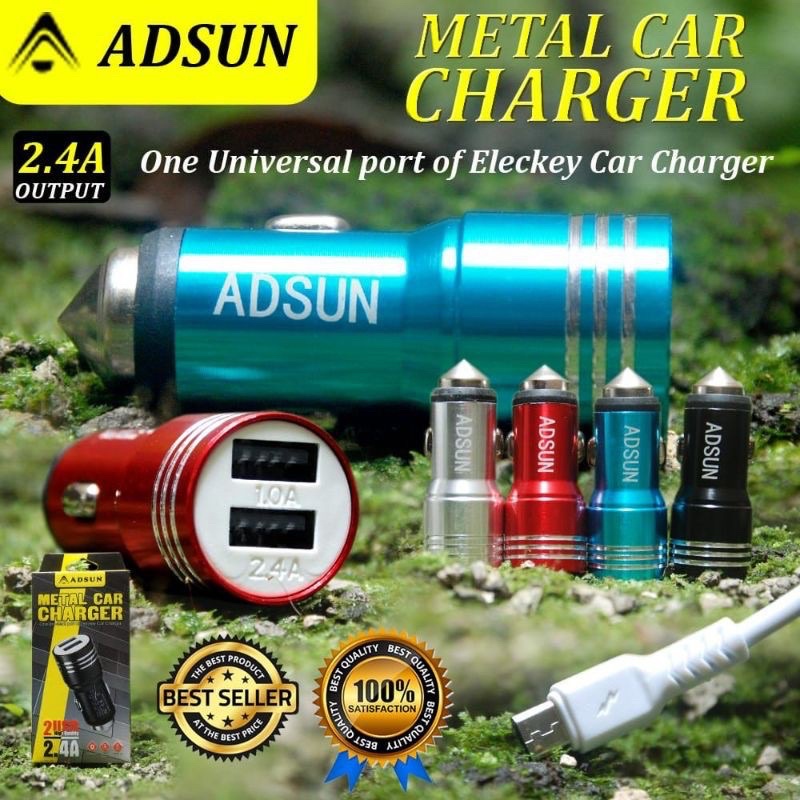 CHARGER MOBIL ADSUN 2.4A METAL 2PORT USB KABEL MICRO USB SAVER MOBIL ADSUN