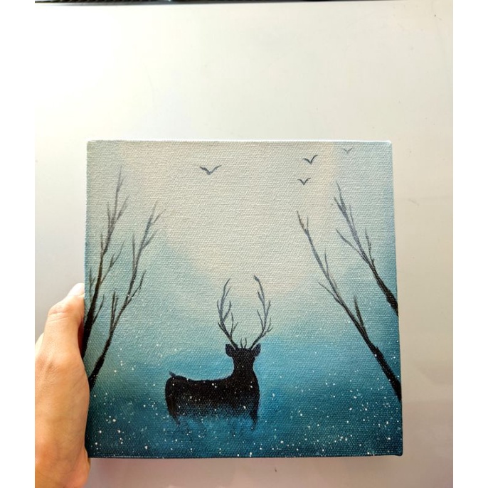 lukisan akrilik painting on canvas lukisan dinding handmade minimalis deer in blue forest lukisan ru