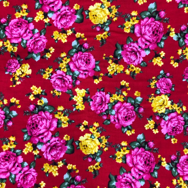 Kain katun Jepang motif bunga warna dasar merah