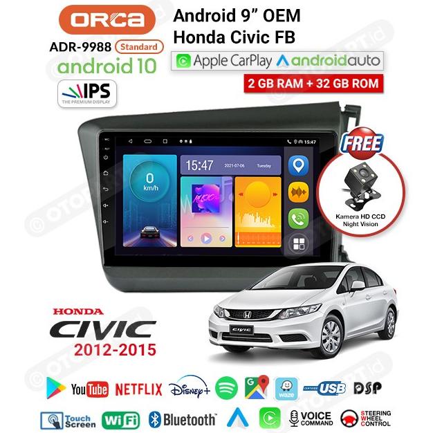 Head Unit Android Auto Carplay 9 Inch Honda Civic Fb 2012-2015 Orca Original
