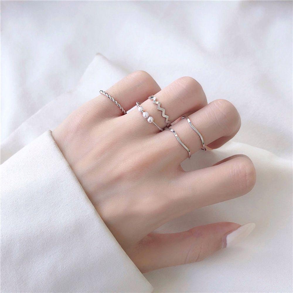 Nanas 4 Pcs Cincin Kawin Tunangan Fashion Wanita Perak Emas Hias Mutiara Perhiasan Open Ring