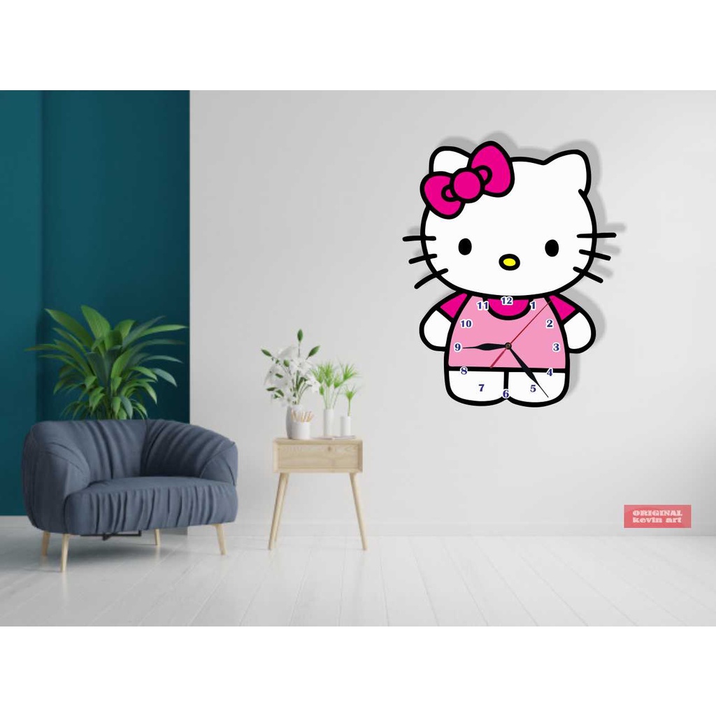 JAM DINDING KAYU HELLO KITTY UNIK ARTISTIK TERBARU MURAH