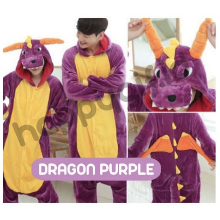 BAJU KOSTUM ONESIE PIYAMA KIGURUMI DINO SULLEY DEWASA-DRAGON PURPLE