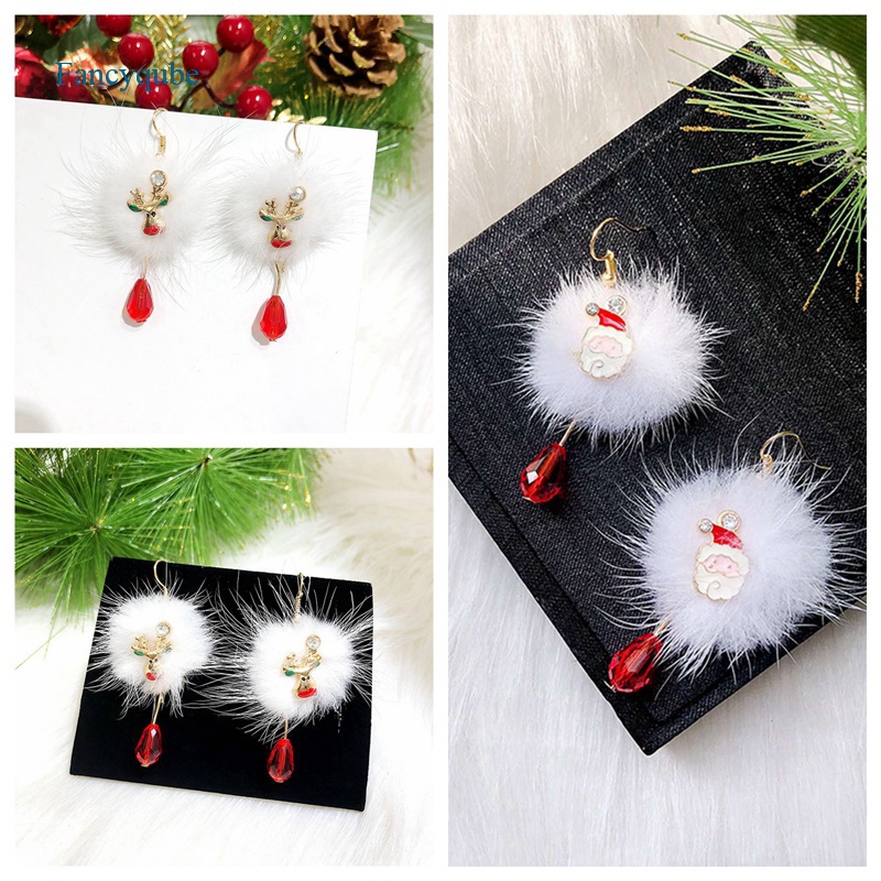 Fancyqube Anting Gantung Panjang Model Santa Claus / Snowman / Rusa / Bola Velvet Putih / Merah Untuk Wanita 2022