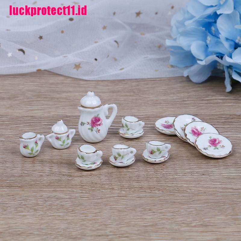 Lucktoy 15pcs / Set Miniatur Cangkir Teh / Kopi Bahan Keramik Porselen Skala 1: 12 Untuk Rumah Boneka