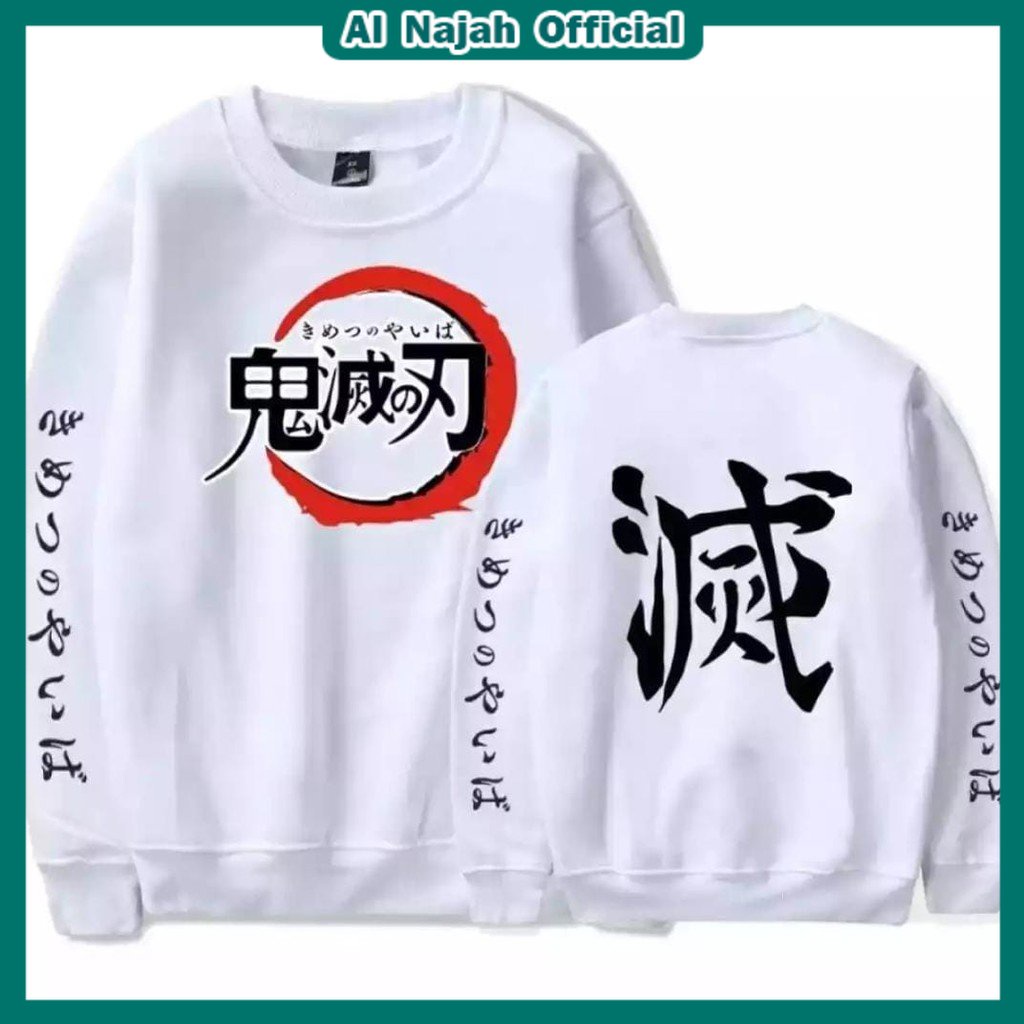 Sweater crewneck anime kimetsu no yaiba warna hitam &amp; putih unisex