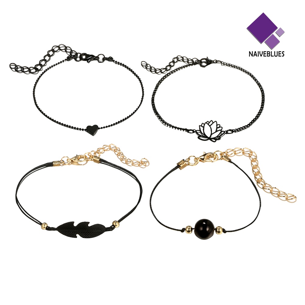 Naiveblue 4Pcs / Set Gelang Tangan Rantai Fashion Aksen Hati / Lotus / Bola / Daun Untuk Perhiasan Wanita