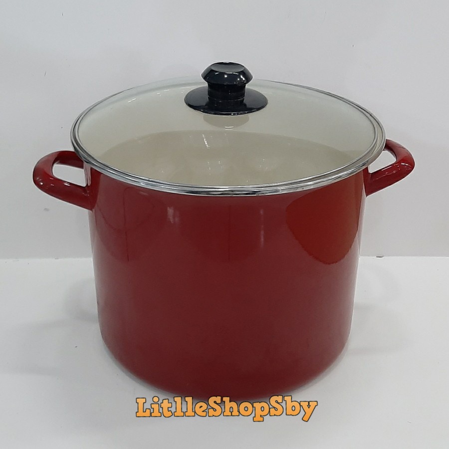 Panci Jumbo Tinggi Besar 12QT Enamel Tutup Kaca Merah Red