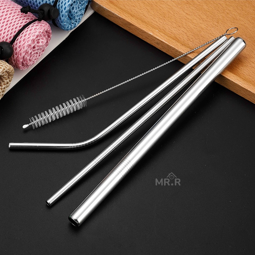 Sedotan Stainless Set 5 in 1 Sedotan Stenlis Steel Food Grade Reusable Straw Set Silver With Pouch