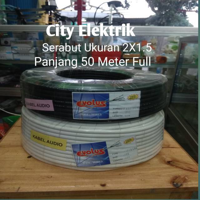 Kabel Listrik Serabut Tebal 2X1.5 Evolus Hitam/Putih panjang Full 50 Meter