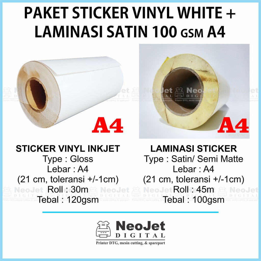 

Paket Sticker Vinyl Inkjet White Tinta DYE Pigment Art Paper Laminasi 100 gsm Satin Semi Matte A4