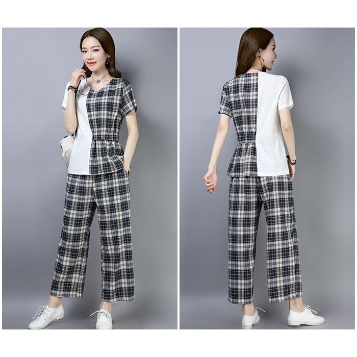 [baju wanita korea]  Setelan Baju Atasan Celana Kulot Kotak Wanita Korea Import