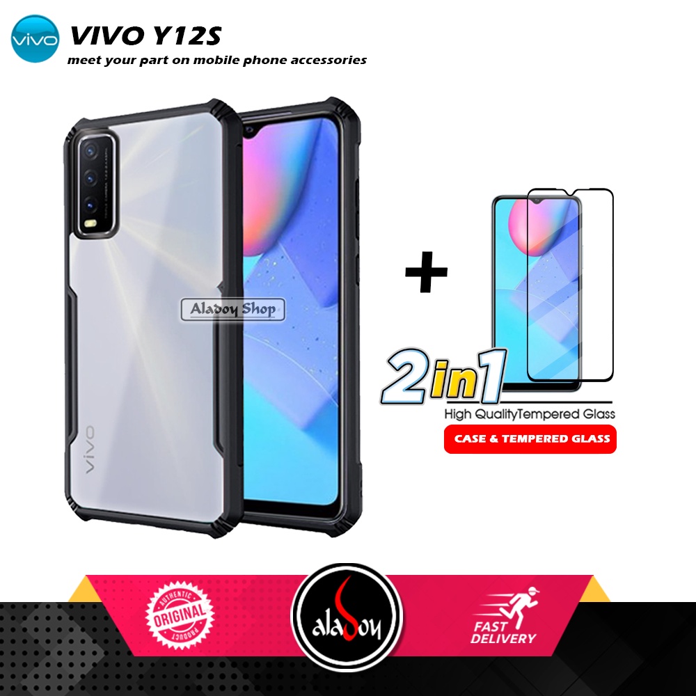 PAKET 2 IN 1 Case Vivo Y12S Armor Fusion Transparent Prmium Casing Free Tempered Glass