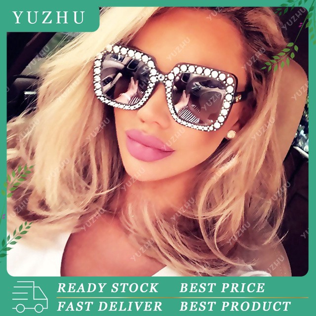 (YUZHU)Fashion Gaya Barat Big Square Sunglasses Wanita Merek Mewah Berlian Designer