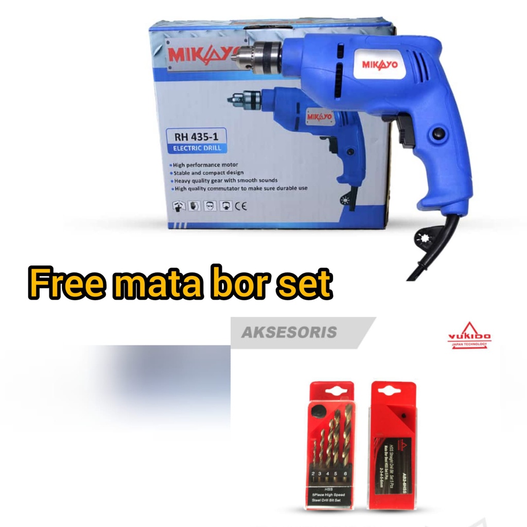 Mesin bor 10mm / Impact Drill / bor tangan bolak balik free mata bor besi,kayu 5pcs bor Listrik MIKAYO JAPAN