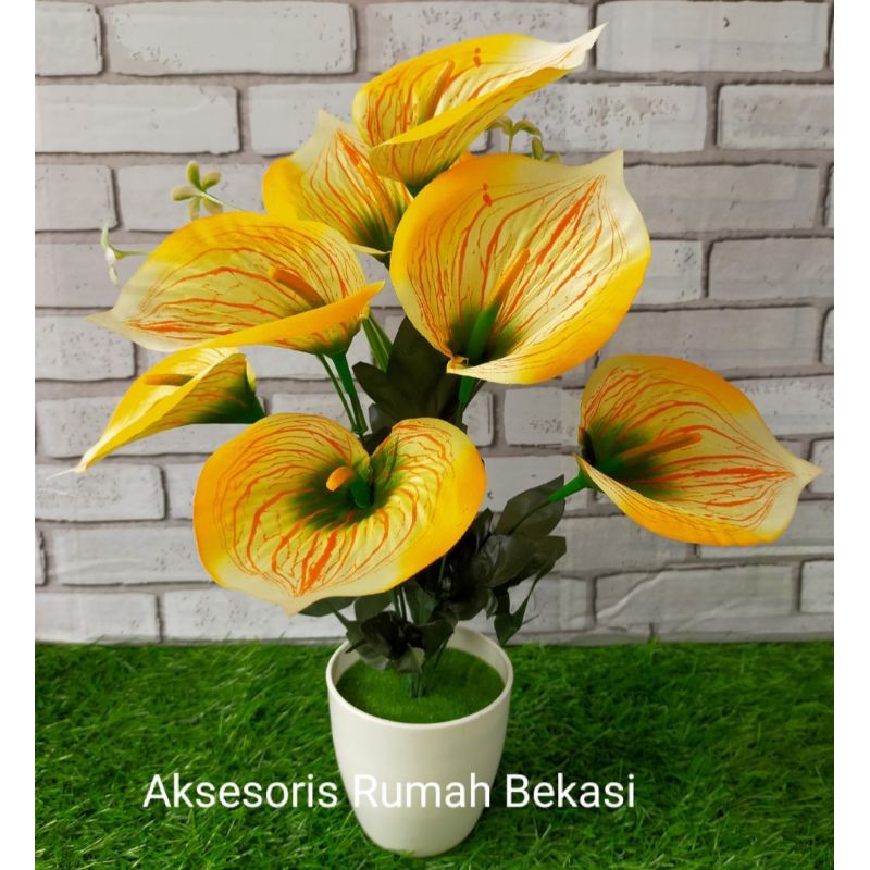 Set bunga plastik anthurium/bunga lilly/bunga Aron panda dengan pot lumut melamin bulat-4