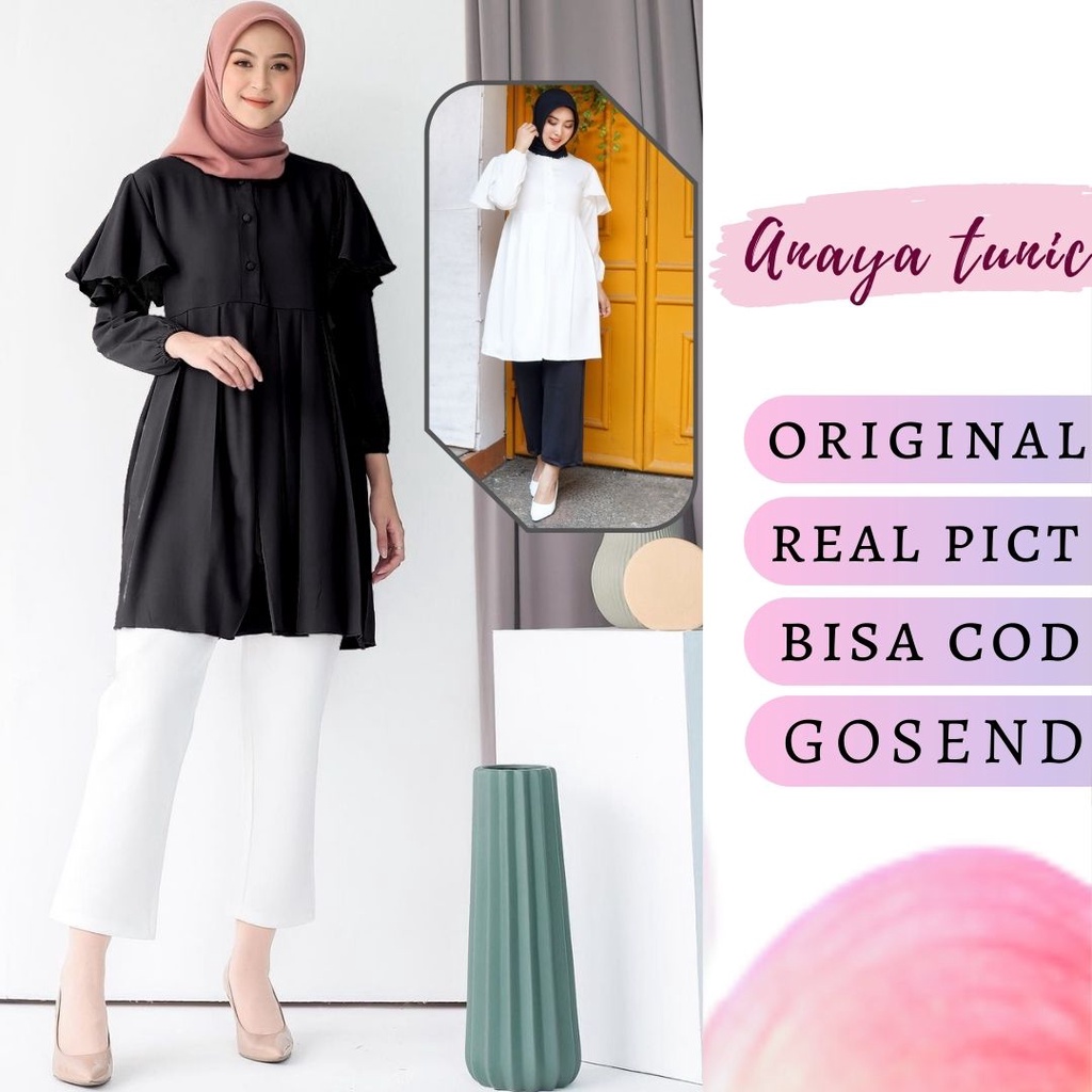 Baju atasan wanita tunik busui terbaru baju lebaran putih hitam polos Anaya