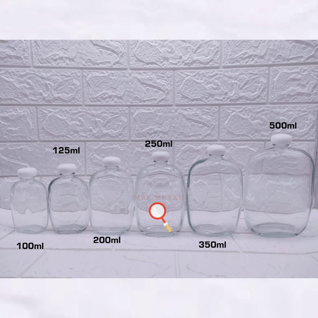 Botol Kaca Polos Gepeng Premium Tutup Putih 100ml / 125ml / 200ml/ 250ml / 350ml / 500ml Botol Minum