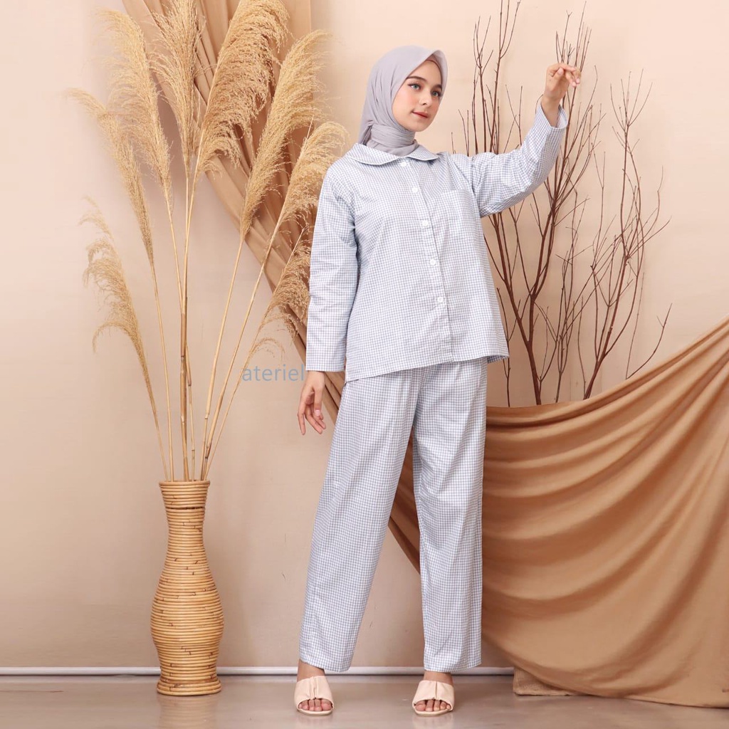 ateriel - BAJU TIDUR LENGAN PANJANG PIYAMA KOREA BAHAN KATUN JEPANG KOTAK KOTAK KECIL