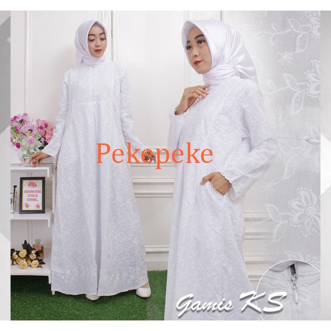 Baju Gamis Wanita Kantong Samping Warna Putih Dan Hitam Bahan Katun Bordir Premium, Gamis Haji Umroh