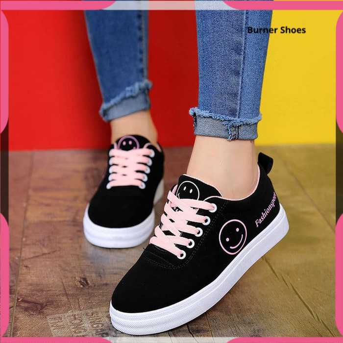 SEPATU WANITA SNEAKERS TALI SEPATU KETS CASUAL YS12 HITAM/FANTA MURAH