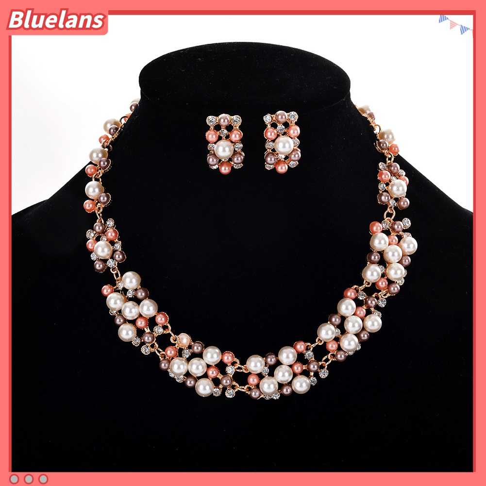 Bluelans 2Pcs / Set Kalung Dan Anting Mutiara Berlian Imitasi Untuk Wanita