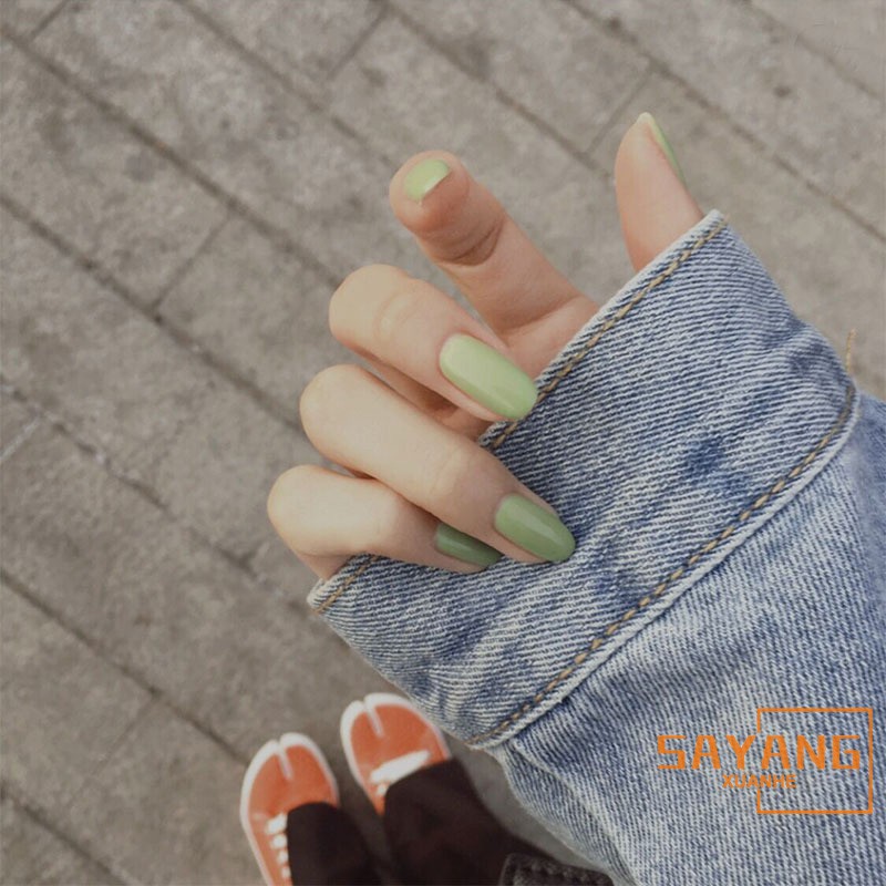 24pcs Set Avocado Green Long False Nails Art Tip Acrylic