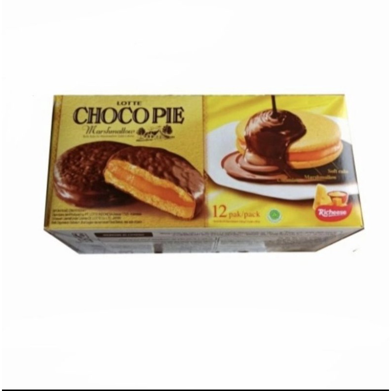 Lotte choco pie marshmallow Keju dan Coklat richeese Nabati cemilan murah dan enak (12pcs x 28gr)