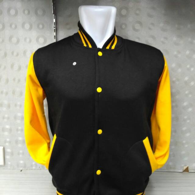 JAKET BASEBALL VARSITY POLOS HITAM LENGAN KUNING