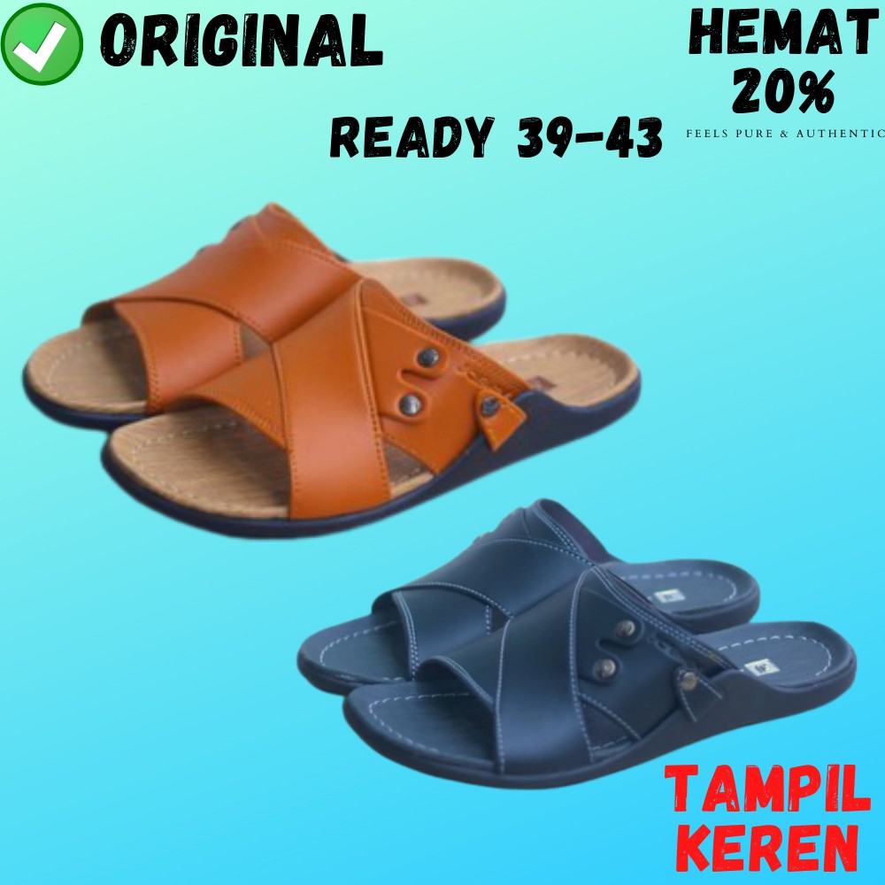 Sandal pria casual Sendal kulit asli slip on tali original