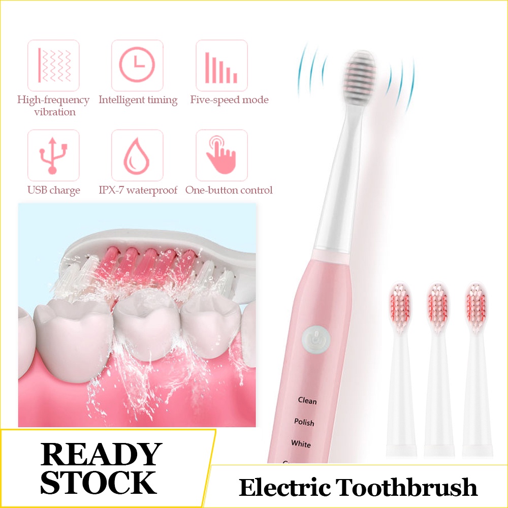 Sikat Gigi Elektrik Listrik Otomatis Toothbrush Automatic Waterproof 5 Mode 4 Sikat Isi Ulang USB