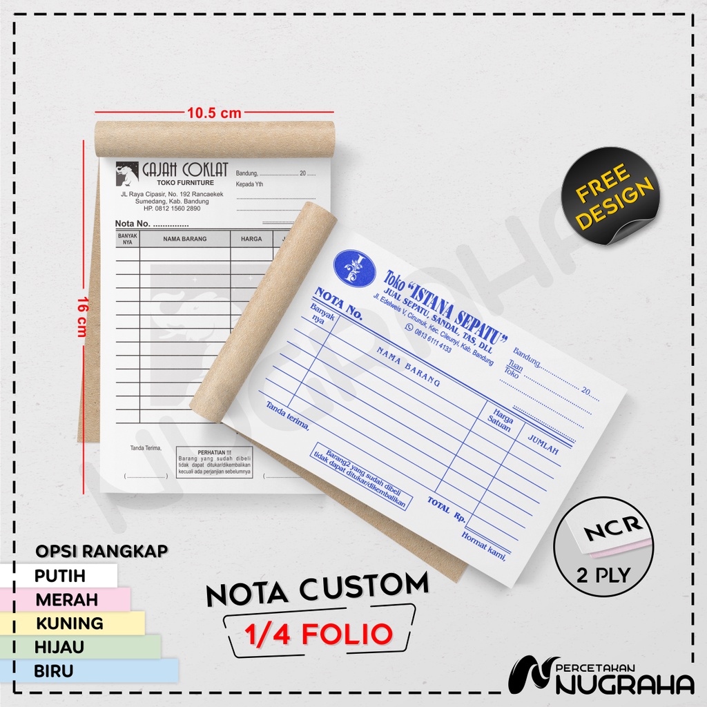 

NOTA CUSTOM 1/4 FOLIO 2 RANGKAP / BUKU NOTA KONTAN Isi 100 lembar