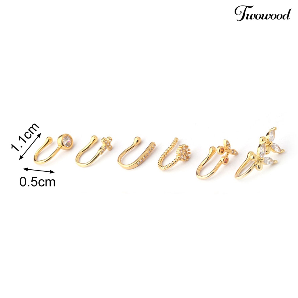 Twowood Nose Piercing Clip Eye-catching U Shape Copper Cubic Zirconia Multi-style Shiny  Ear Cuffs Nose Stud for Daily Wear