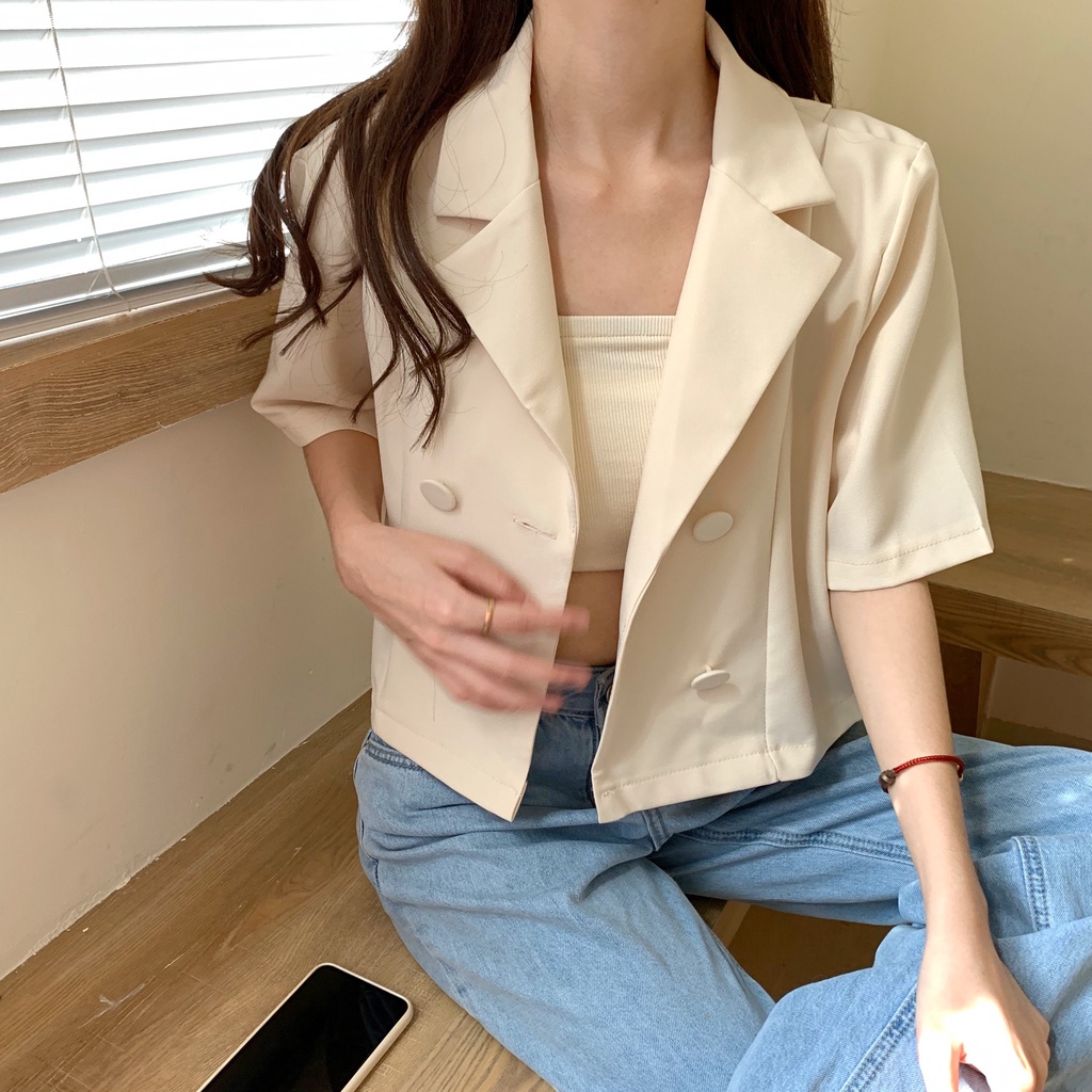 XIAOZHAINV Jaket Jas Lengan Pendek Tube Top Pinggang Tinggi Korea