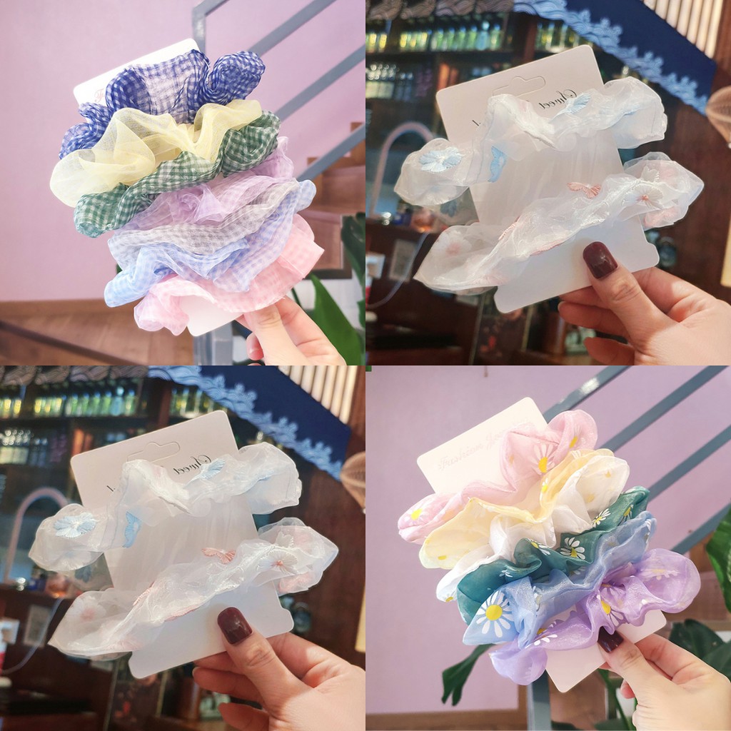 3SP | ART33 Ikat Rambut Scrunchie Aneka Warna Model Transparan Motif Kotak-Kotak Bunga Daisy Ikat Rambut Wanita Anak Anak Dewasa Ikat Rambut Bunga