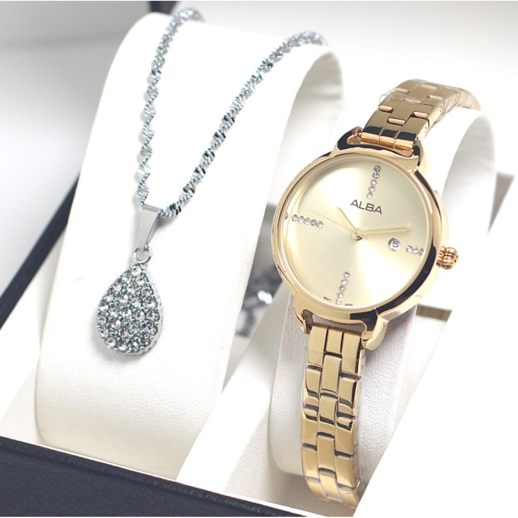 JAM TANGAN WANITA FASHION ALBA TANGGAL AKTIF FREE KALUNG
