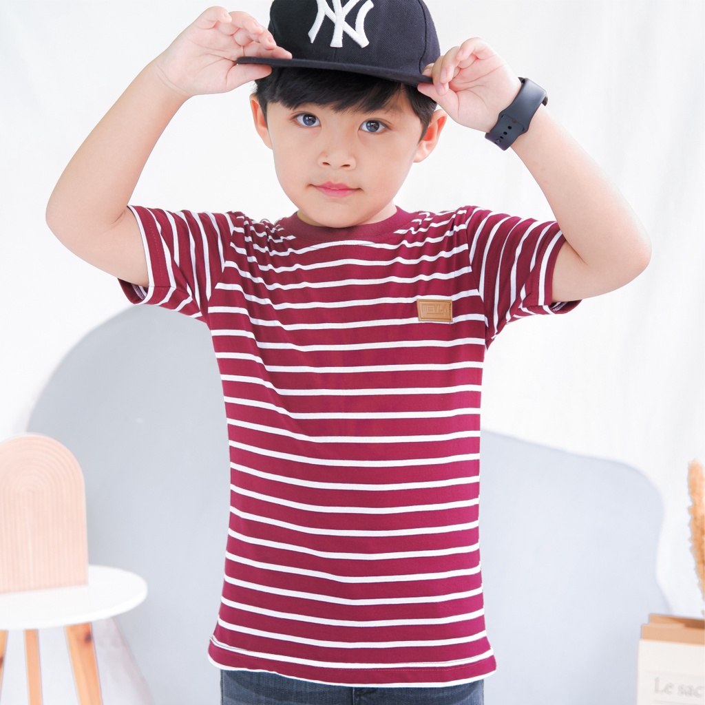 Kaos Stripe Garis Anak Laki Laki Perempuan Branded Unisex Original Premium | Mevla Kids - Uzuki Red