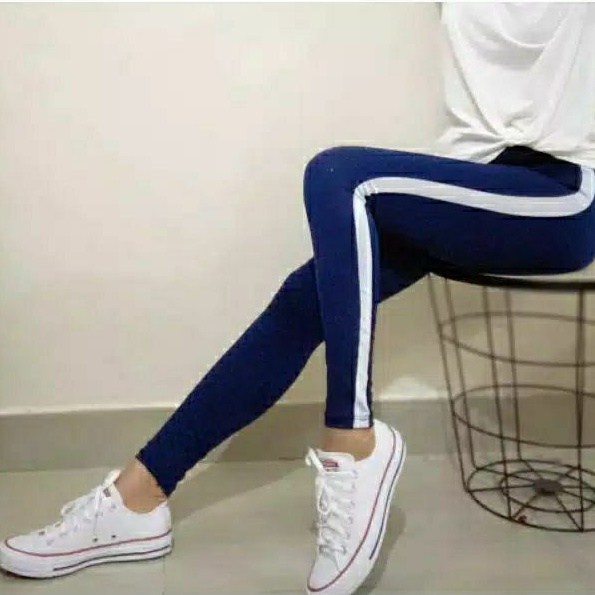 Legging Strip List Putih Bahan Spandex Leging Harian Olahraga