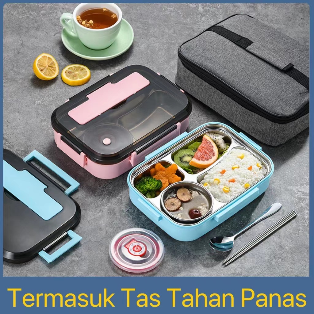 TEMPAT MAKAN Lunch Box Stainless + TAS Tahan Panas Dan Anti Tumpah + FREE SUMPIT &amp; SENDOK - YOSINOGAWA