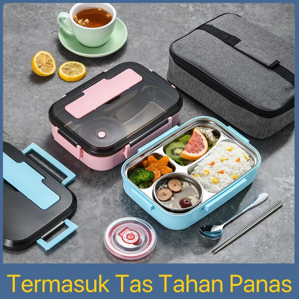 TEMPAT MAKAN Lunch Box Stainless + TAS Tahan Panas Dan Anti Tumpah + FREE SENDOK &amp; SUMPIT - YOYOSOO