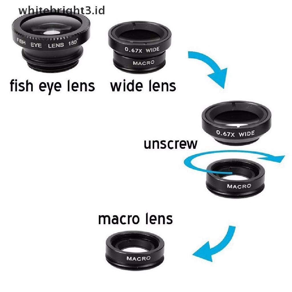 (whitebright3.id) 3in1 Lensa Kamera Fish Eye + Wide Angle + Macro Untuk Handphone Universal