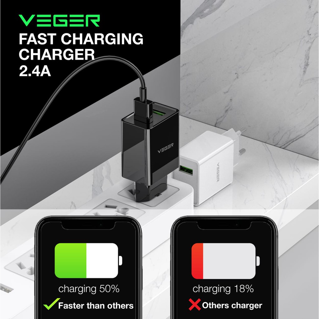 Charger V02 VEGER 2 Port Fast Charging 2.4A Original