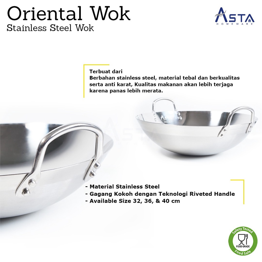 Asta Wajan  Penggorengan Profesional Stainless steel Deluxe Tebal - Oriental Wok Anti Lengket