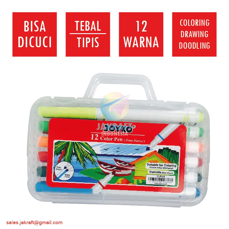 

(12 Pcs) Spidol Bisa Dicuci Set 12 Warna JOYKO Washable Color Pen Marker CLP-04