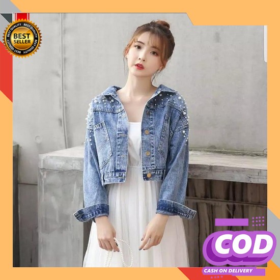 Jaket Oversize Jacket Wanita Cewek Jins Denim Jeans Korea Jumbo M Ew69 Jacket Jeans Crop Mutiara T